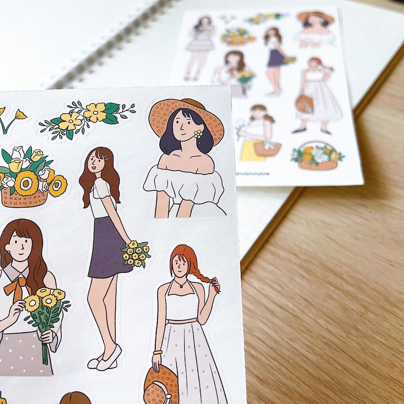 YELLOW FLORAL GIRL sticker sheet // aesthetic summer airy flower fashionable cute pretty stickers for bullet journals, planners, scrapbook image 4
