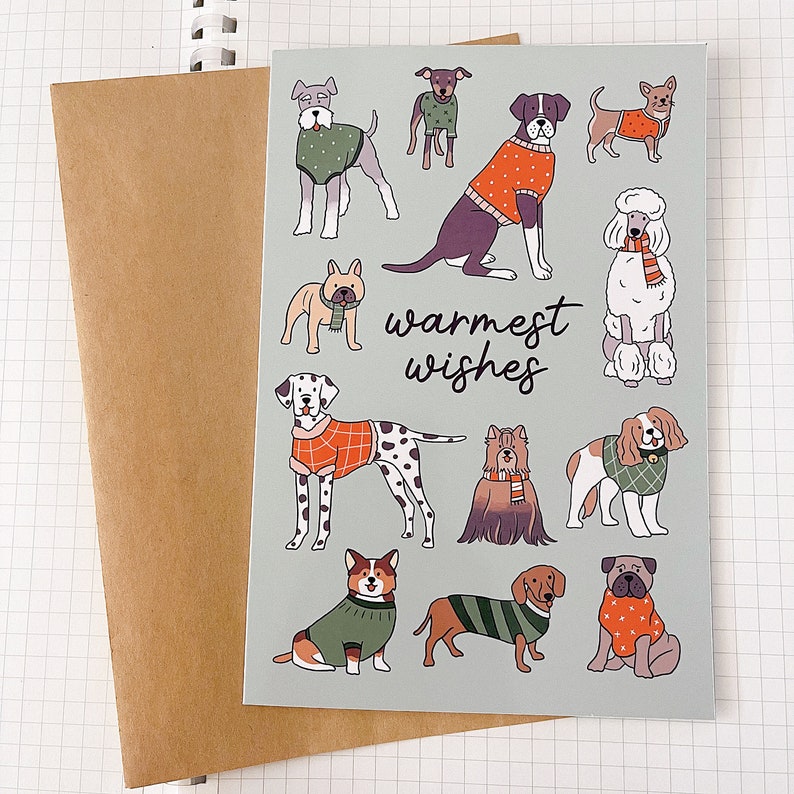 WARMEST WISHES greeting card // aesthetic cute unique fun sweater illustration animal pet puppy dogs lover schanuzer corgi holiday card image 3