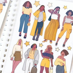 ZWART MEISJES GEEL Outfit stickervel//esthetiek schattig chique Afrikaanse zomermeisjes voor bullet journals, planner, plakboek, snail mail