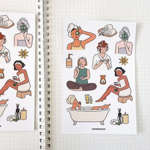 Feuille d'autocollants SPA DAY // amour de soi esthétique, prendre soin de soi, me temps, détente, salle de bain, jolie fille, autocollants pour bullet journals, agendas, scrapbooking