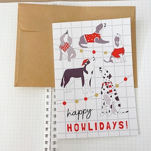 Kartka z życzeniami HAPPY HOWLIDAYS // estetyczna, słodka, wyjątkowa ilustracja z kalamburem, zwierzę, szczeniak, miłośnik psów, prosta, zabawna, minimalistyczna kartka świąteczna