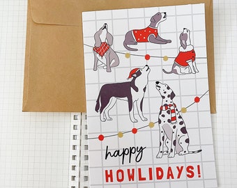 HAPPY HOWLIDAYS greeting card // aesthetic cute unique pun illustration animal pet puppy dogs lover simple fuuny minimalist holiday card