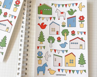 WHIMSICAL VILLAGE sticker sheet // aesthetic cute nursery nordic minimalist children house style for bullet journals, planners, scrapbook