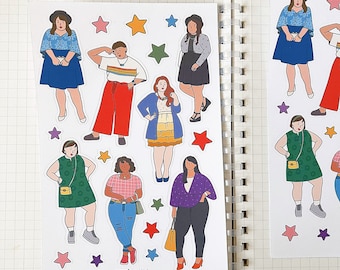 PLUS SIZE OUTFIT sticker sheet // aesthetic cute fashionable curvy full-figured girls for bullet journals, planner, scrapbook, snail mail