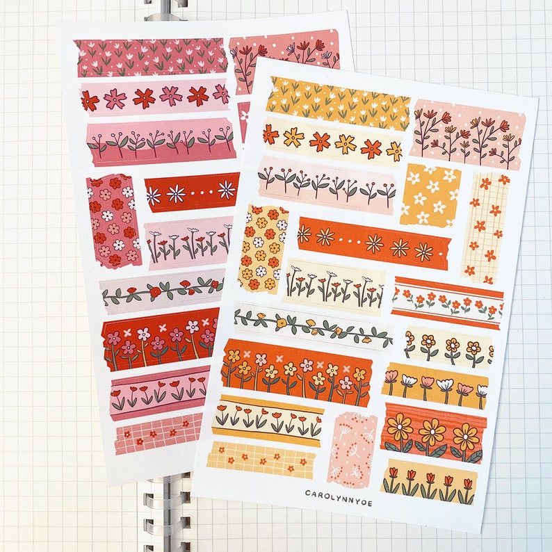 FLORAL WASHI TAPE Sticker Sheet (2 Colour Options) // Aesthetic Pre-cut ...