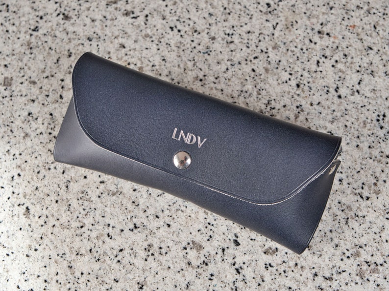 Personalized leather eyeglasses case, exquisite gift monogram handmade in France Blue Custom eyewear case Firm sunglasses case image 1