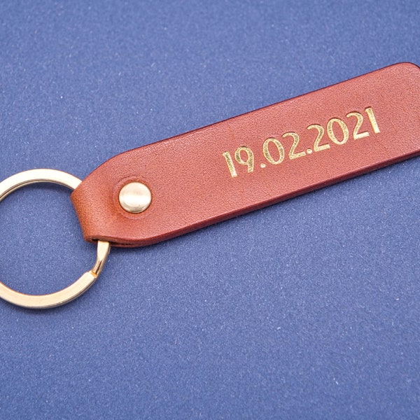Llavero de cuero personalizado, regalo exquisito monograma hecho a mano en Francia (Long Brown) / Llavero personalizado, llavero edc