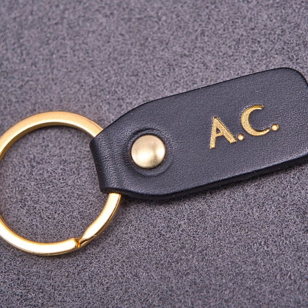 Personalized leather key chain, exquisite gift monogram handmade in France (Black) | Custom key ring, edc keychain