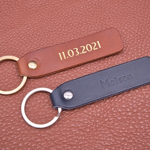 Personalized leather key chain, exquisite gift monogram handmade in France Long Brown Custom key ring, edc keychain image 4