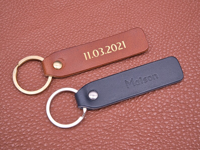 Personalized leather key chain, exquisite gift monogram handmade in France Long Brown Custom key ring, edc keychain image 4