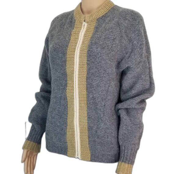 60s Vintage Mohair Wool Gray Zip up Cardigan Sweater Long Sleeve 
