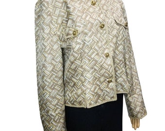 Silk Blazer No Collar Box Cut Gold Buttons Trimmed Back Slits Cream Size 14