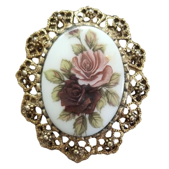 Antique Vintage Roses Oval Porcelain Brooch Pin P… - image 1