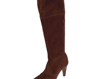 Chocolate Suede Tall Leather Boots 3.5 inch Heel Inside Zip Up Vintage Size 6.5