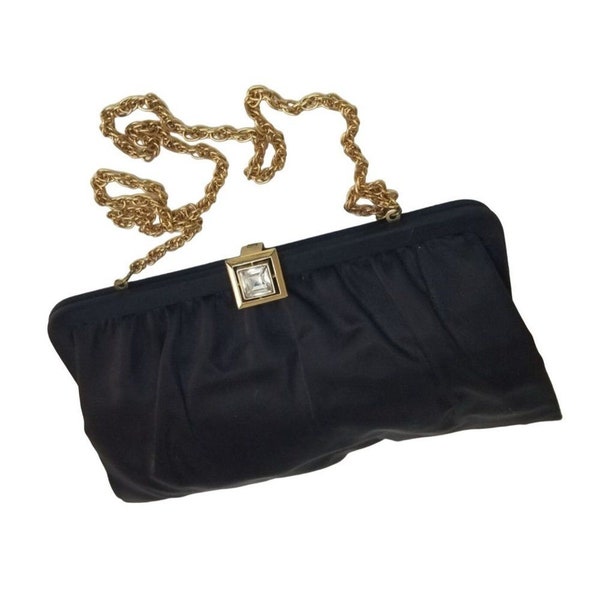 1960s Satin Clutch Black Gold Tone Round Chain Link Shoulder Strap [VINTAGE]