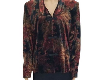 Stretch Velvet Floral Blazer Frog Closures Shoulder Pads Velour Soft Size 18