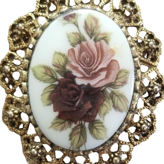 Antique Vintage Roses Oval Porcelain Brooch Pin P… - image 2