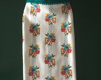 Floral Crocheted Top Hanging Dish Towels