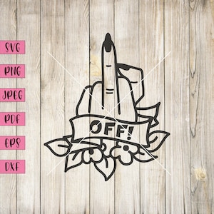 Puede incluir: Ilustración en blanco y negro de línea de arte de una mano haciendo el dedo medio con una pancarta que dice "OFF!" y acentos florales.