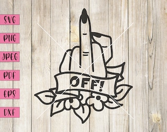 May include: Black and white line art illustration of a hand giving the middle finger with a banner that says "OFF!" and floral accents.