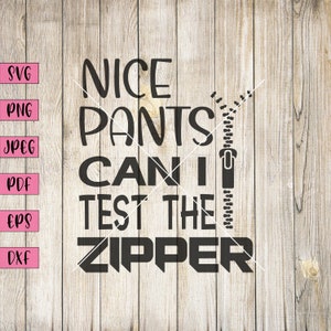 May include: Black and white graphic design with the text "Nice Pants Can I Test The Zipper" and a zipper graphic.