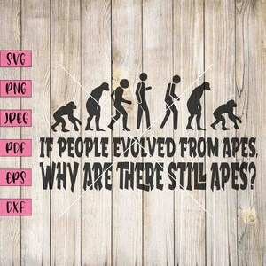 May include: A black and white illustration of the theory of evolution, with a monkey, ape, and human figures. The text reads "If people evolved from apes, why are there still apes?"