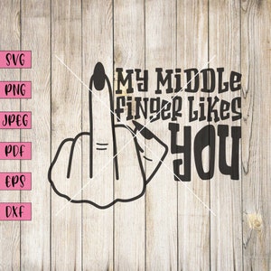 Puede incluir: Ilustración en blanco y negro de un dedo medio con el texto "A mi dedo medio le gustas".