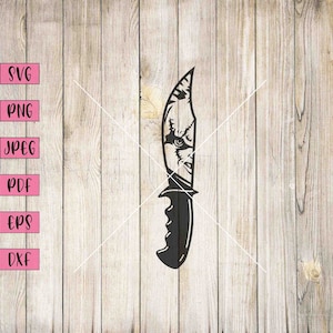 Può includere: Silhouette in bianco e nero di un coltello con un viso sulla lama. Il viso ha una bocca cucita e un occhio.