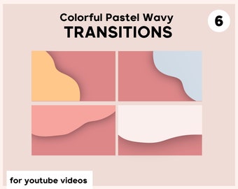 Może przedstawiać: Cztery kolorowe, pastelowe, faliste przejścia dla filmów na YouTube. Każde przejście ma inną kombinację kolorów, w tym brzoskwiniowy, jasnoniebieski i biały, z falistym wzorem. Tekst "Colorful Pastel Wavy Transitions" znajduje się u góry.
