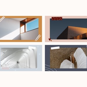 May include: A collage of four images featuring architectural details. The first image shows a white room with a window and sunlight streaming in. The second image shows a building with a dark blue sky in the background. The third image shows a white hallway with a vaulted ceiling. The fourth image shows a person's foot on a sandy surface.