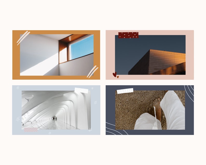 May include: A collage of four images featuring architectural details. The first image shows a white room with a window and sunlight streaming in. The second image shows a building with a dark blue sky in the background. The third image shows a white hallway with a vaulted ceiling. The fourth image shows a person's foot on a sandy surface.