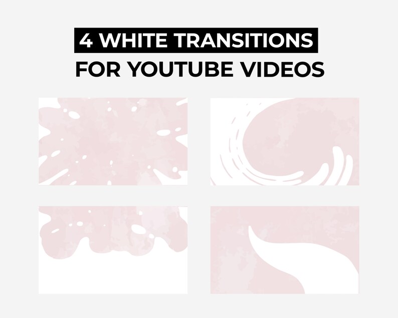 Może przedstawiać: Cztery białe i r&oacute;żowe przejścia do film&oacute;w na YouTube. Przejścia przedstawiają abstrakcyjne kształty i wzory, w tym rozpryski i wiry. Tekst "4 WHITE TRANSITIONS FOR YOUTUBE VIDEOS" jest wyświetlany w czarnym prostokącie u g&oacute;ry.