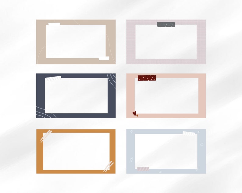 May include: Six different colored frames with white backgrounds and decorative borders. The frames are arranged in two rows of three. The frames are perfect for adding text or images.