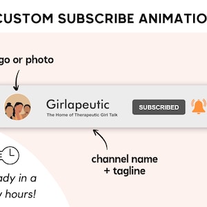 Op de afbeelding: Een witte knop met de tekst "ABONNEER" in oranje, een pictogram van een notificatiebel en een profielfoto van drie vrouwen. De tekst "Girlapeutic" is in zwart met de tagline "The Home of Therapeutic Girl Talk" in grijs eronder.