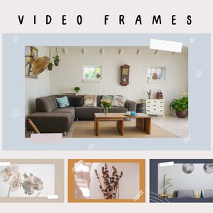 May include: A collage of three video frames. The first frame shows a living room with a brown sectional sofa, a coffee table, and a white brick wall. The second frame shows a white orchid flower. The third frame shows a dried lavender bouquet.