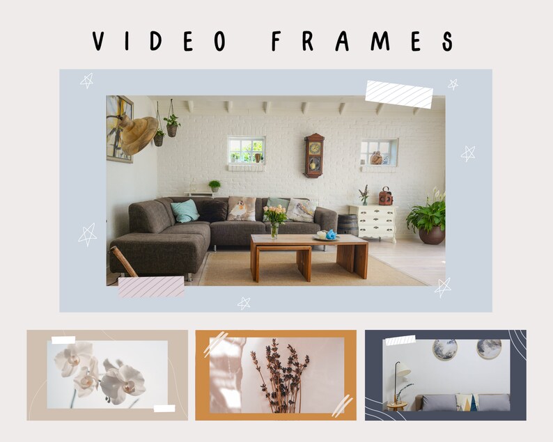 May include: A collage of three video frames. The first frame shows a living room with a brown sectional sofa, a coffee table, and a white brick wall. The second frame shows a white orchid flower. The third frame shows a dried lavender bouquet.