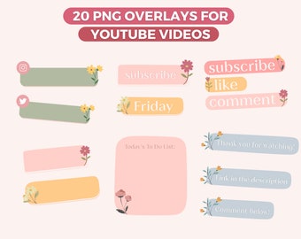 Frühlingsblume PNG Overlays: 20 Moderne YouTube Video Tags (Digitaler Download)