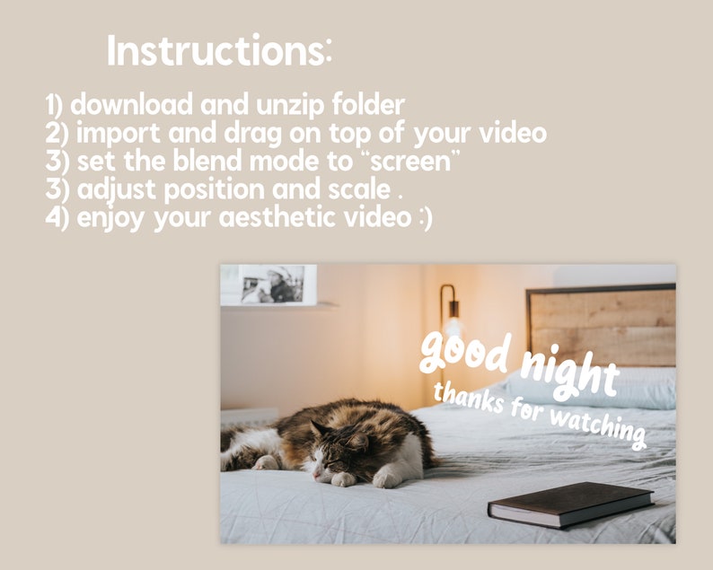 Pu&ograve; includere: Un gatto dorme su un letto con un libro e una luce notturna. Il testo "good night thanks for watching" &egrave; scritto in bianco sul copriletto.