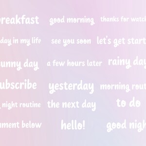 Pu&ograve; includere: Uno sfondo bianco con un gradiente di rosa e viola. Il testo &egrave; bianco e include frasi come "colazione", "buongiorno", "giornata di sole", "giornata di pioggia", "iscriviti", "ieri", "routine mattutina", "la mia routine serale", "il giorno dopo", "da fare", "commenta qui sotto", "ciao!" e "buonanotte".