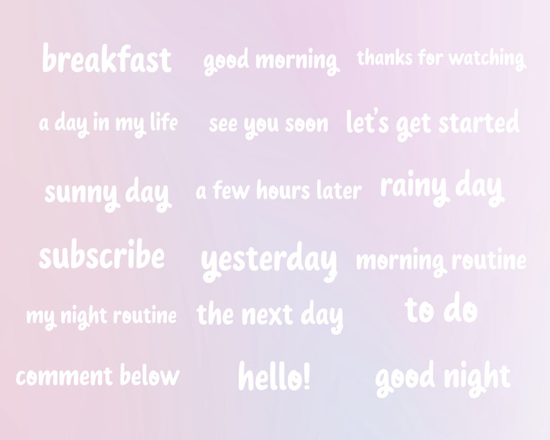 Pu&ograve; includere: Uno sfondo bianco con un gradiente di rosa e viola. Il testo &egrave; bianco e include frasi come "colazione", "buongiorno", "giornata di sole", "giornata di pioggia", "iscriviti", "ieri", "routine mattutina", "la mia routine serale", "il giorno dopo", "da fare", "commenta qui sotto", "ciao!" e "buonanotte".