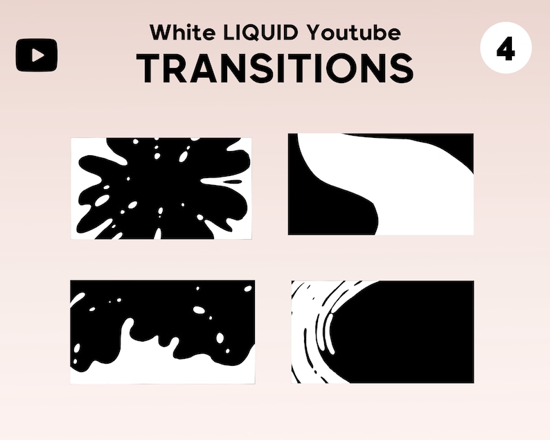 Może przedstawiać: Grafika z czterema czarno-białymi projektami przejść YouTube. Tekst "White LIQUID Youtube TRANSITIONS" znajduje się u g&oacute;ry. Projekty obejmują abstrakcyjne kształty i rozpryski, idealne do edycji wideo.