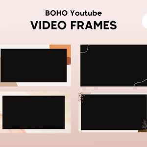 May include: Four video frames with a boho aesthetic. Each frame has a white border and features abstract shapes and lines in shades of brown, beige, and white. The frames are set against a light pink background.