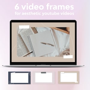 May include: A laptop screen displaying six video frames for aesthetic YouTube videos. The frames are rectangular and have a white background. The frames are arranged in a grid pattern. The laptop is on a pink and white gradient background.
