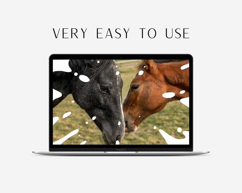 Może przedstawiać: Ekran laptopa wyświetla obraz dw&oacute;ch koni, czarnego i brązowego, dotykających się nosami. Tekst "VERY EASY TO USE" znajduje się nad ekranem. Tło przedstawia trawiasty teren.
