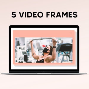 May include: A laptop screen displaying a woman wearing a black face mask while exercising at the gym. The screen shows five video frames, with a pink background and a white cross in the top right corner.