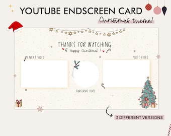 Könnte beinhalten: Eine YouTube-Endscreen-Kartenvorlage mit Weihnachtsmotiv. Die Karte hat einen beigefarbenen Hintergrund mit Schneeflocken und Sternen. Sie lautet "Vielen Dank fürs Zuschauen! Frohe Weihnachten!" und hat drei verschiedene Videorähmchen. Die Rahmen sind mit "Nächstes Video" und "Hier abonnieren" beschriftet.