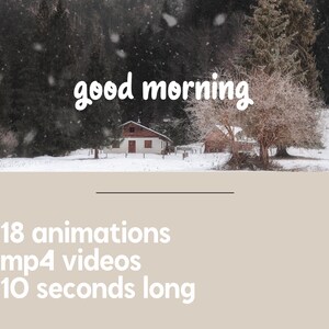 Pu&ograve; includere: Una scena invernale innevata con una piccola casa bianca e alberi. Il testo "good morning" &egrave; scritto in lettere bianche in corsivo sull'immagine. Il testo sotto l'immagine recita: - 18 animazioni - video mp4 - 10 secondi di durata