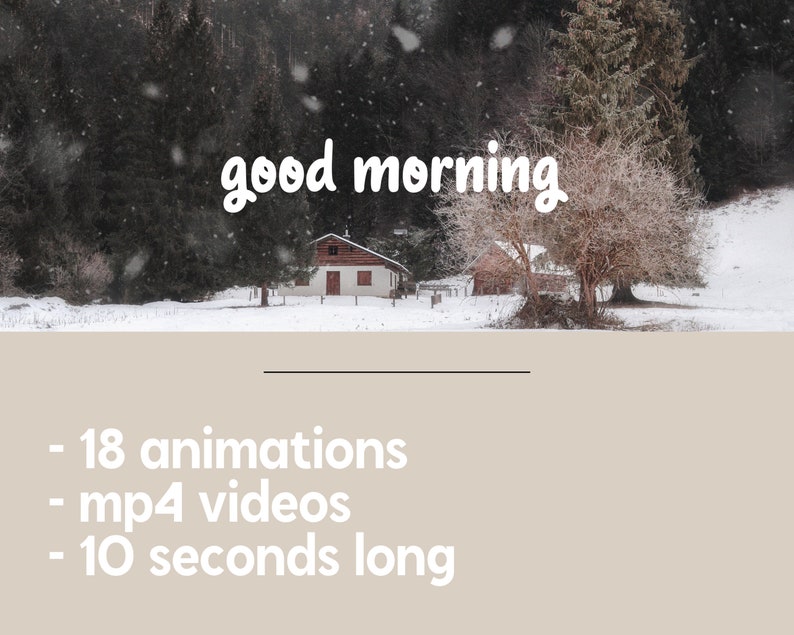 Pu&ograve; includere: Una scena invernale innevata con una piccola casa bianca e alberi. Il testo "good morning" &egrave; scritto in lettere bianche in corsivo sull'immagine. Il testo sotto l'immagine recita: - 18 animazioni - video mp4 - 10 secondi di durata