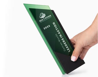 May include: A rectangular green and black award plaque featuring the text ECO ETHOS NURTURING SUSTAINABILITY, 2022, Damian Woods, and LEADERS IN ACTION. The plaque has a layered design with a green translucent top panel and a solid black base.