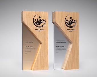 Non-standard shape solid oak trophy decorated with acrylic and flexibrass details, appreciation award, prize for the best player